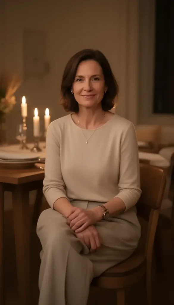 Woman wearing a neutral outfit seated at a candle lit table.