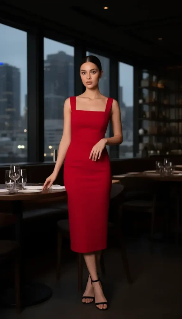 Woman in a red midi dress styled for a Valentine’s Day dinner