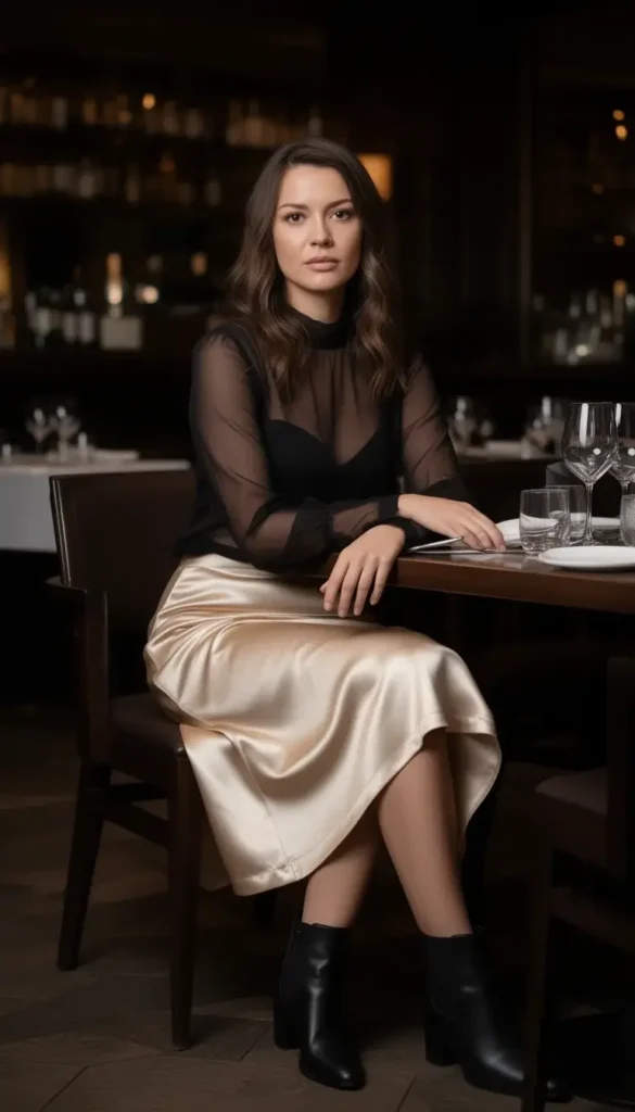 Sheer blouse and satin skirt styled for Valentine’s Day dinner