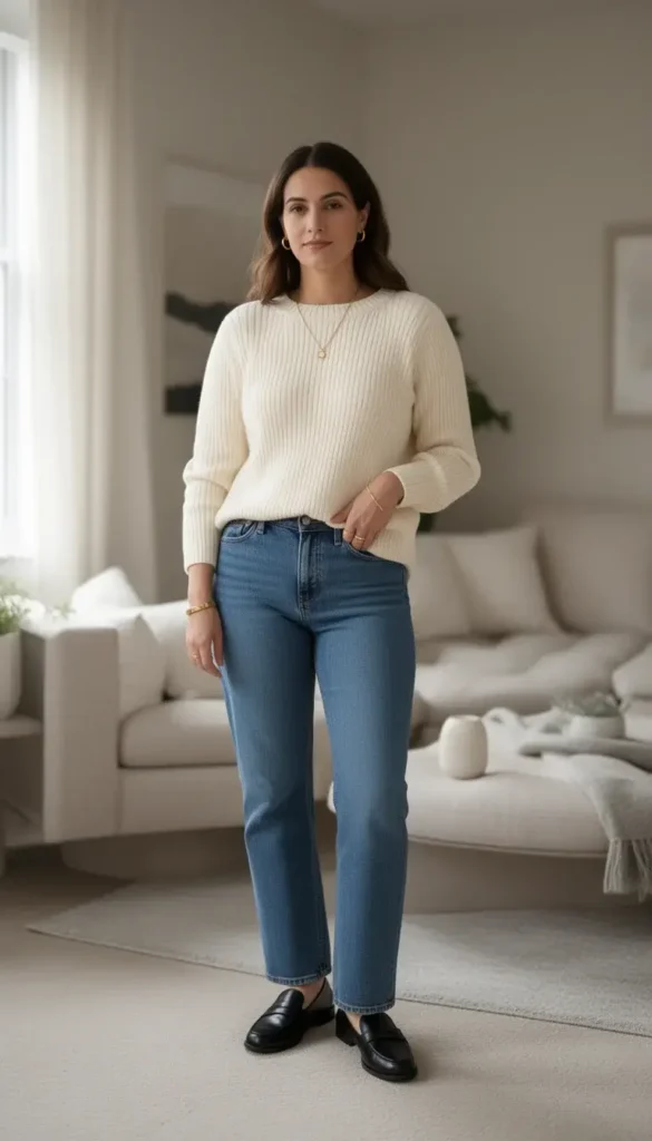 Woman wearing a cream knit sweater and straight jeans in a neutral apartment setting.