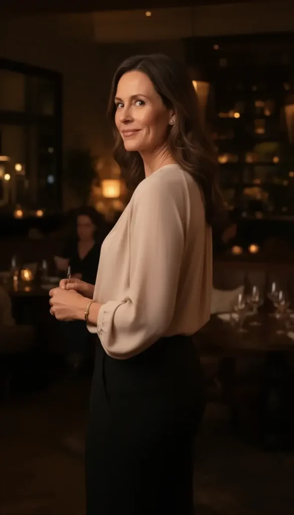 Woman wearing a draped blouse and tailored pants on a Valentine’s date