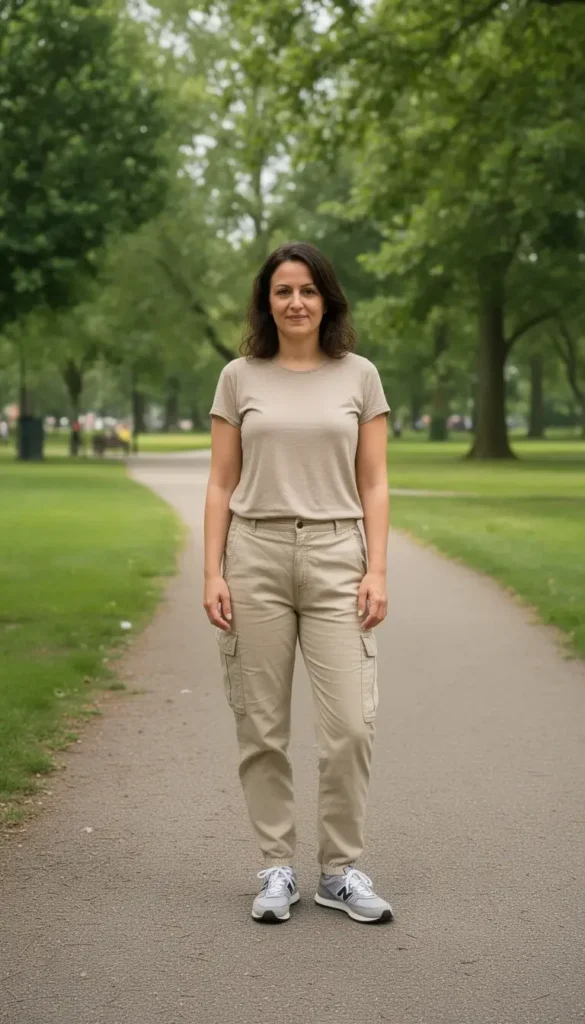 Woman wearing utility pants and a neutral top outdoors.