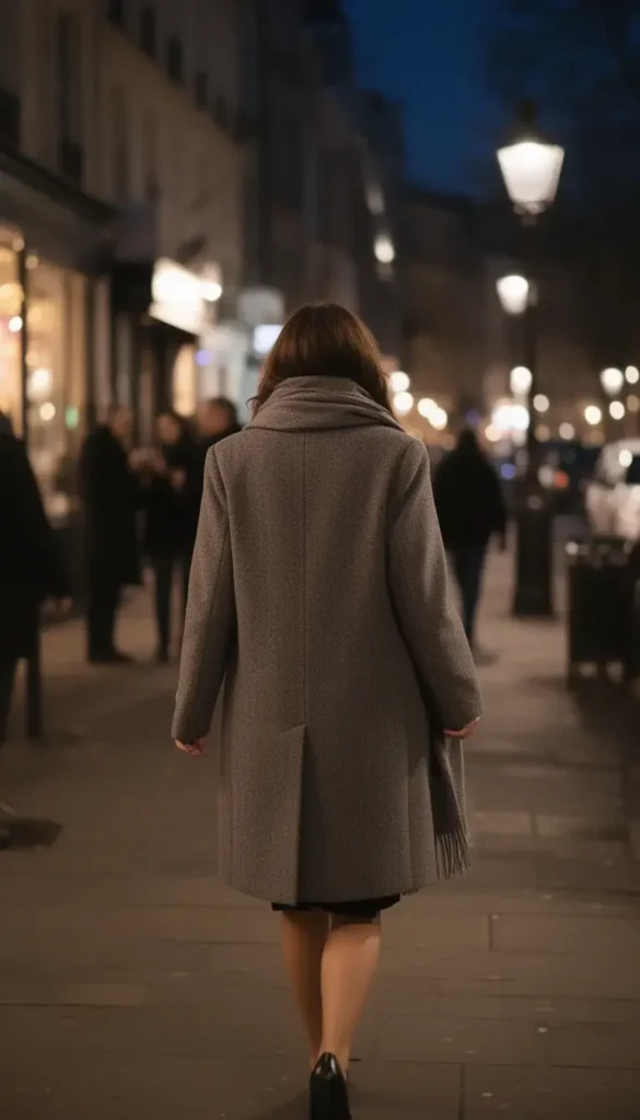 Woman wearing a wool coat arriving at a Valentine’s date