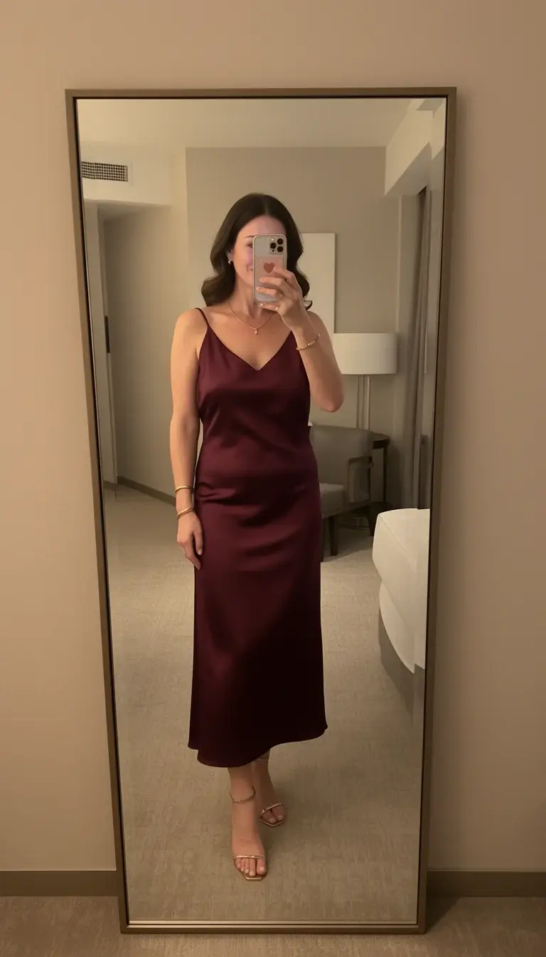 Full body mirror selfie of a woman wearing a satin dress styled for a Valentine’s Day dinner