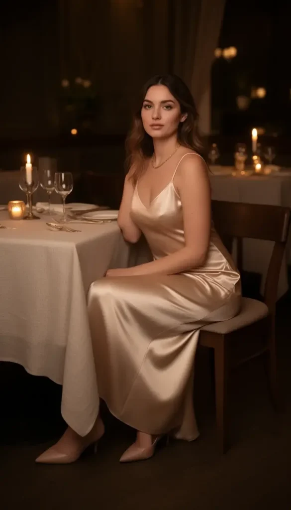 Woman wearing a champagne satin slip dress at a romantic Valentine’s Day dinner
