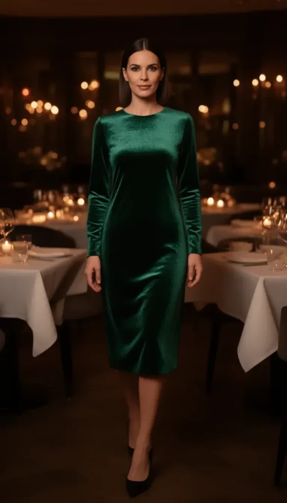 Emerald velvet dress worn for a Valentine’s Day dinner