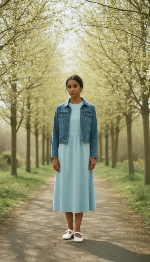 A woman wearing a soft baby blue color-block midi dress and a cropped blue-wash denim jacket, standing outdoors in soft spring light.