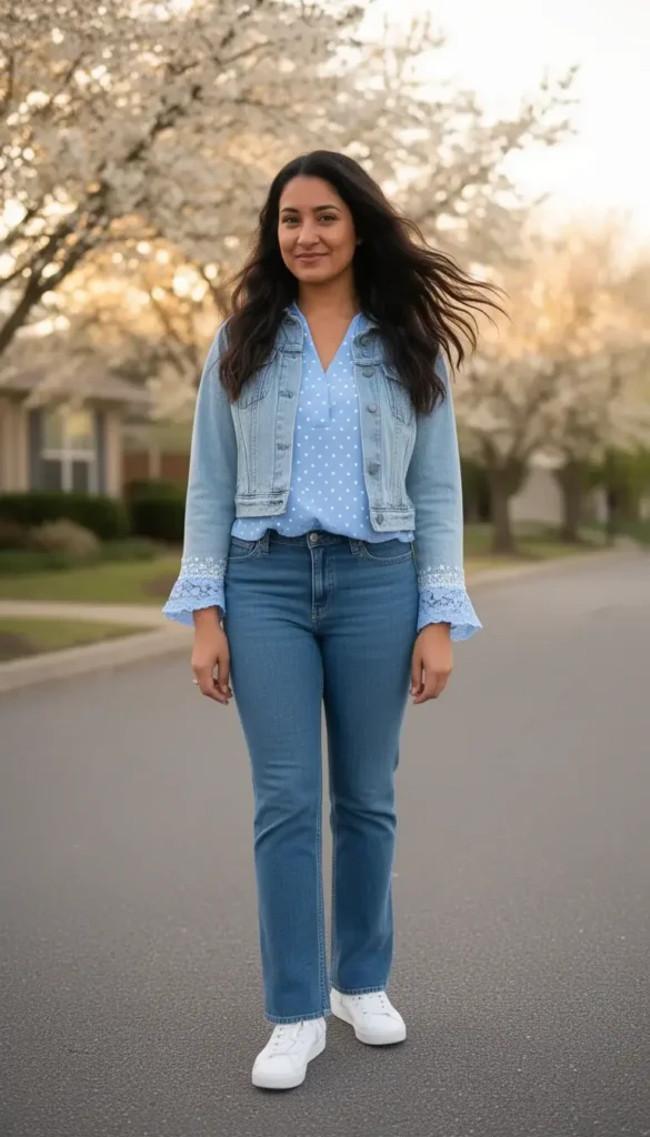 A woman in a baby blue polka dot blouse layered under a cropped denim jacket with matching blue jeans, photographed outdoors in a casual spring setting.