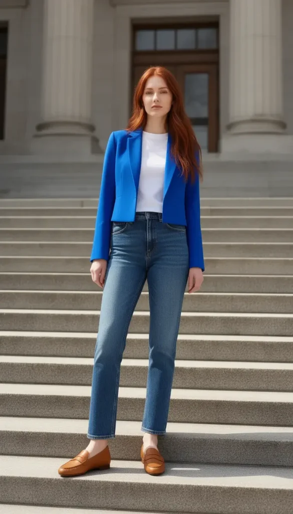 A woman wearing a cropped cobalt blue tailored blazer over a white tee with straight-leg jeans and tan loafers, photographed on steps outside a building.