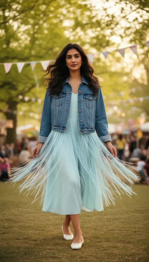 A woman in a pastel blue fringe midi dress with a cropped denim jacket, photographed outdoors at a spring festival setting.