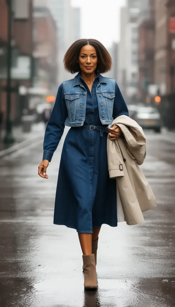 A woman wearing a dark blue denim shirtdress belted at the waist with a contrasting cropped denim vest, photographed on a rainy city street with a trench coat over her arm.