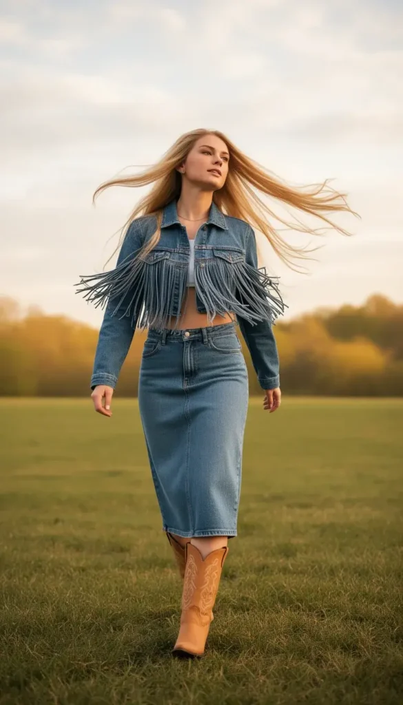 A woman in a cropped denim jacket with fringe detail over a matching denim midi skirt, photographed outdoors on a breezy spring day.