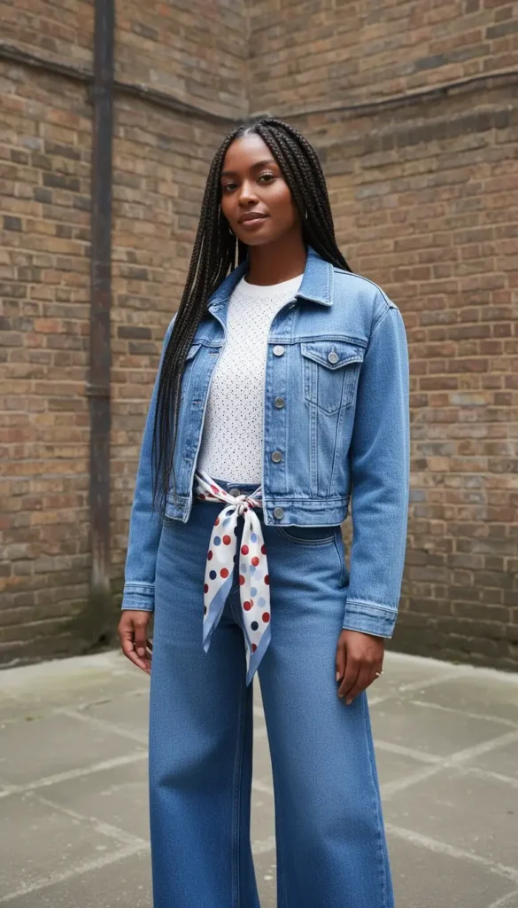 A woman in a matching cropped denim jacket and wide-leg jeans with a white pointelle knit underneath and a polka dot scarf accessory, shot in an urban outdoor setting.