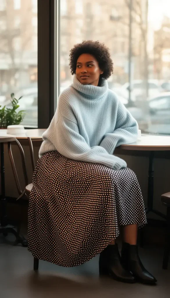 A woman in an oversized icy blue funnel-neck sweater tucked into a black-and-white polka dot midi skirt, photographed in a light-filled café setting.