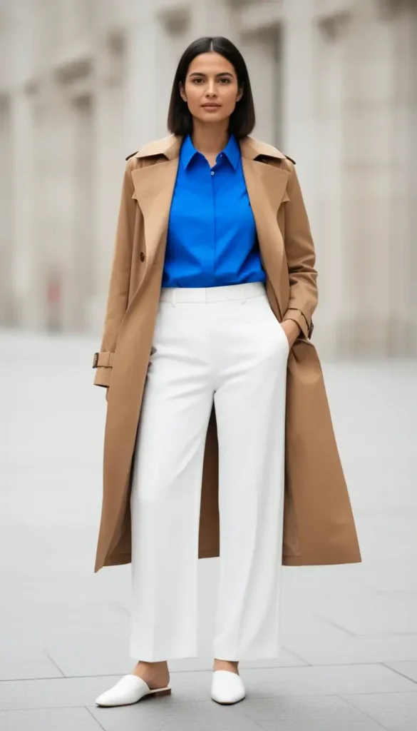 A woman wearing a Klein blue button-down shirt tucked into relaxed wide-leg white trousers, with a cropped neutral trench coat, photographed on a city street.