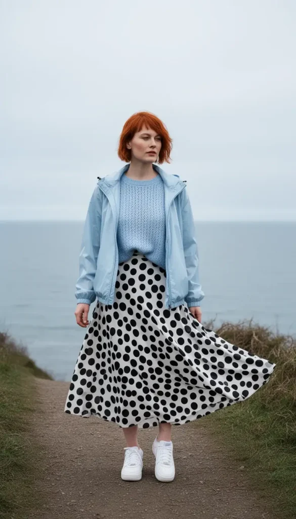 A woman in a flowy large polka dot midi skirt with an icy blue pointelle knit sweater and a cropped windbreaker jacket, photographed on a coastal path on an overcast spring day.