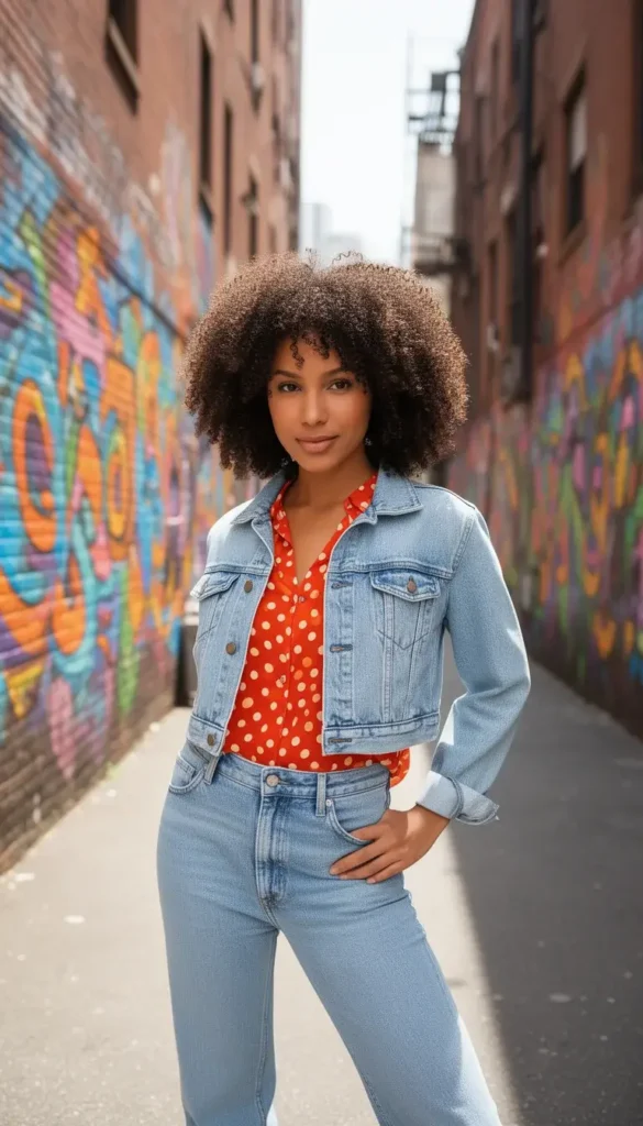 A woman in a light blue denim jacket and jeans with a bright polka dot blouse visible underneath, photographed in a colorful urban setting.