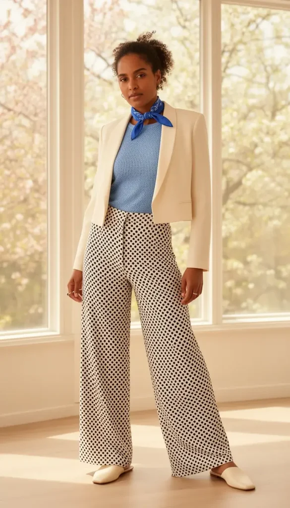 A woman in a baby blue pointelle knit top under a cropped tailored blazer with polka dot wide-leg trousers, photographed in a sunlit indoor setting.