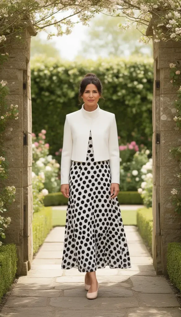 A woman wearing a black-and-white polka dot midi dress topped with a cropped neutral funnel-neck blazer and ballet flats, photographed outside a church or garden venue.