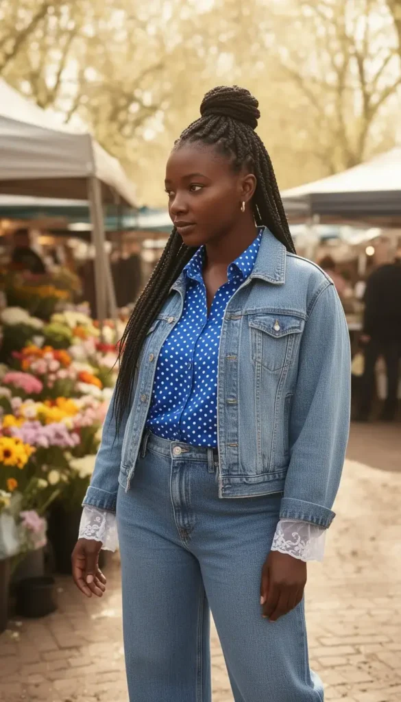 A woman in a blue polka dot button-down with lace cuff detail tucked into relaxed jeans with a cropped denim jacket, photographed at an outdoor spring market.