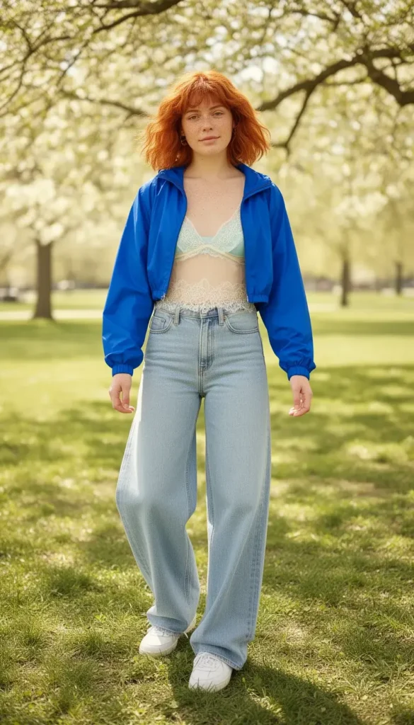 A woman in a cropped blue windbreaker over a lace-trimmed sheer top with relaxed denim, photographed outdoors in a bright spring setting.