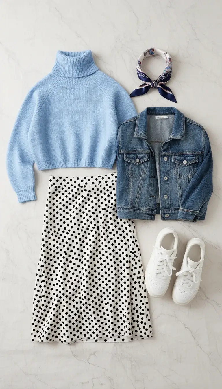 A styled flatlay of spring 2026 key pieces including baby blue knitwear, a polka dot midi skirt, cropped denim jacket, and white sneakers arranged on a light stone surface.
