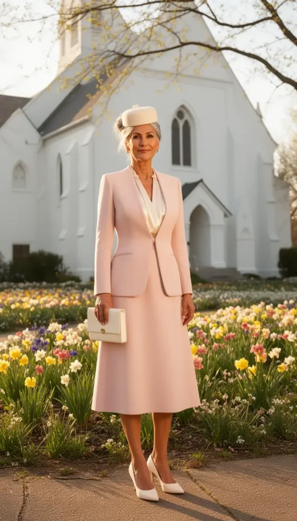 A woman wearing a blush pink A-line skirt suit with a shell blouse, low court heels, and a small structured hat, photographed at an Easter Sunday church service.