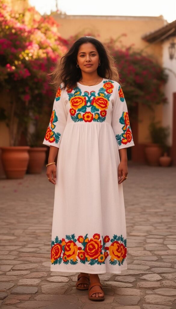 Woman wearing a white cotton dress with traditional Oaxacan hand-embroidery in red, teal, and yellow, standing in a sunlit colonial courtyard.
