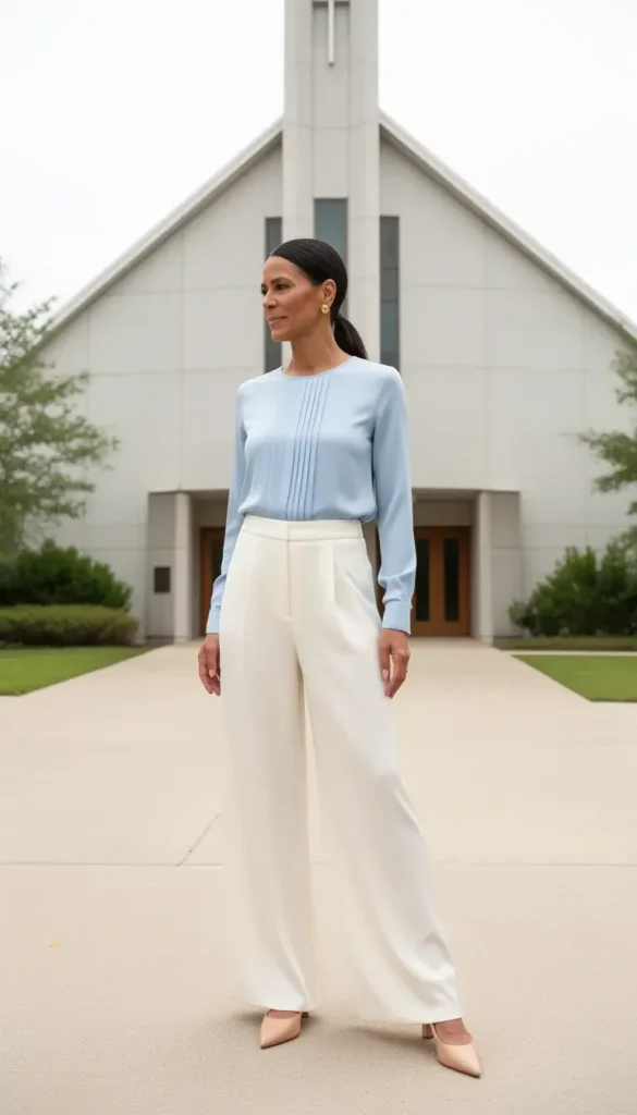 A woman in ivory palazzo trousers and a flowy longline blouse, wearing pointed mules, photographed near a church entrance in bright daylight.