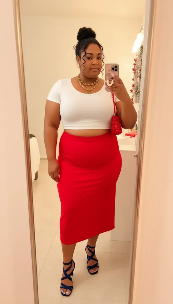 Full-figured woman in a white crop top and red bodycon midi skirt taking a mirror selfie with navy heeled sandals and gold jewelry.