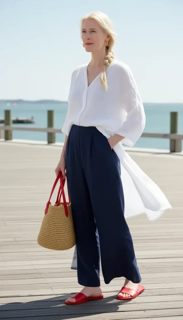 Tall woman in navy linen wide-leg trousers and a white linen blouse with red flat sandals on a bright coastal boardwalk.
