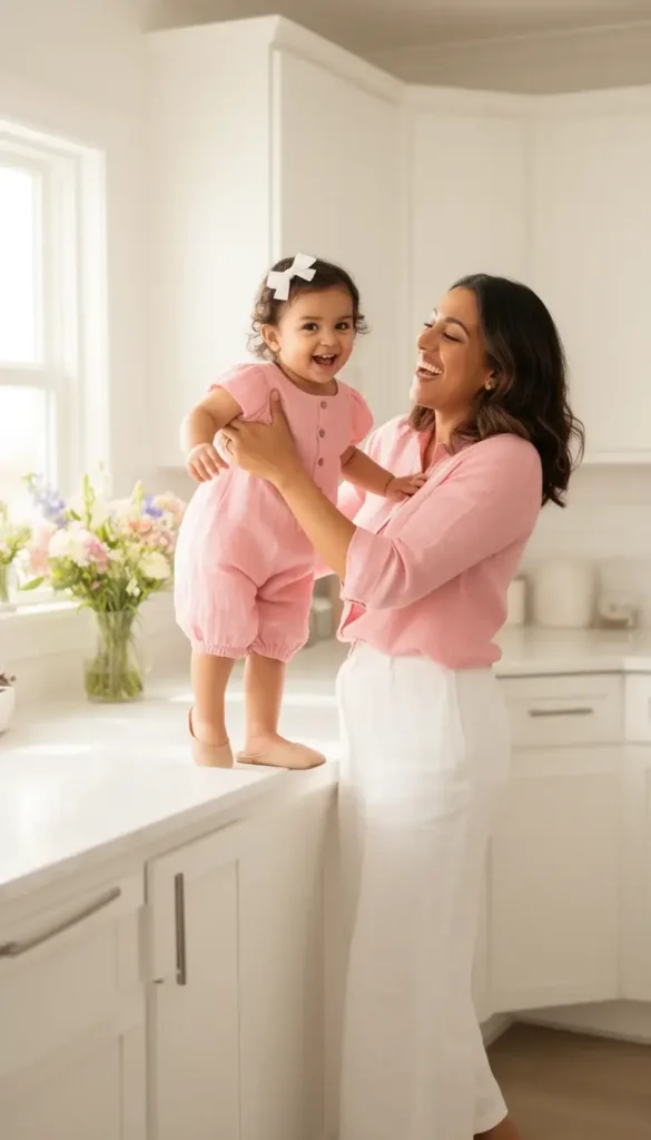 A mother in a pink linen shirt and white trousers lifting her toddler daughter, who wears a matching pink linen romper, in a bright kitchen on Mother's Day morning.