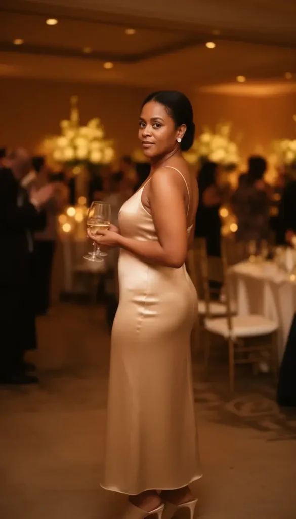 A woman in a champagne bias-cut slip dress holding a wine glass at a wedding cocktail reception, photographed from over her shoulder.