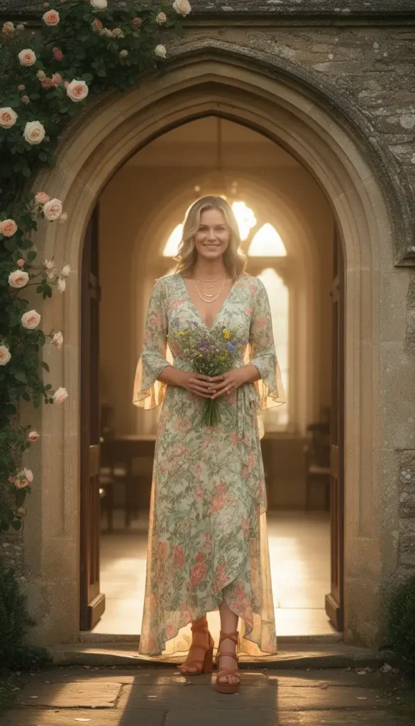 A woman in a green and coral garden floral wrap maxi dress holding wildflowers in the arched doorway of a historic stone wedding venue.