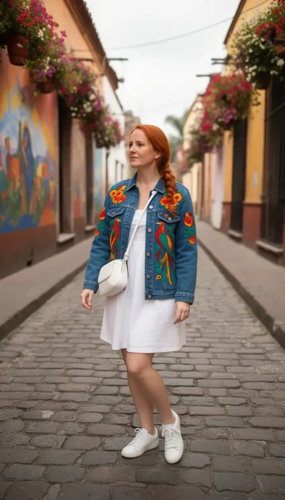 Red-haired woman wearing a floral and bird embroidered denim jacket over a white sundress on a cobblestone alleyway.