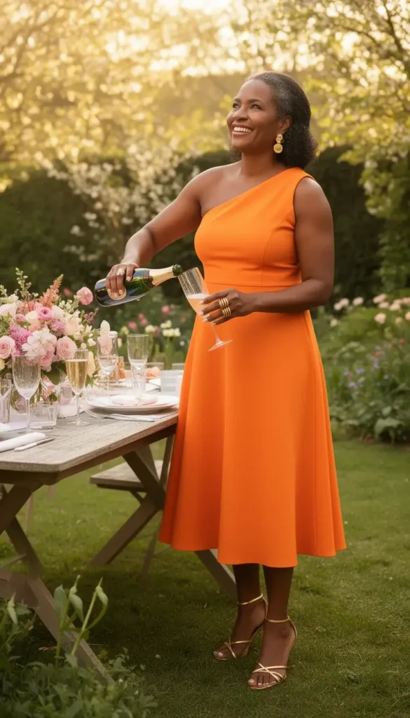 A Black woman in a tangerine one-shoulder midi dress pouring champagne at a garden table set for a Mother's Day celebration, in warm afternoon light.