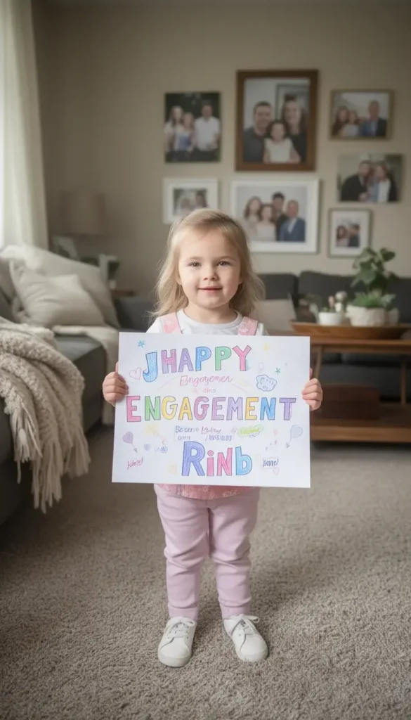 Child holding a colorful handmade engagement announcement sign in a cozy home