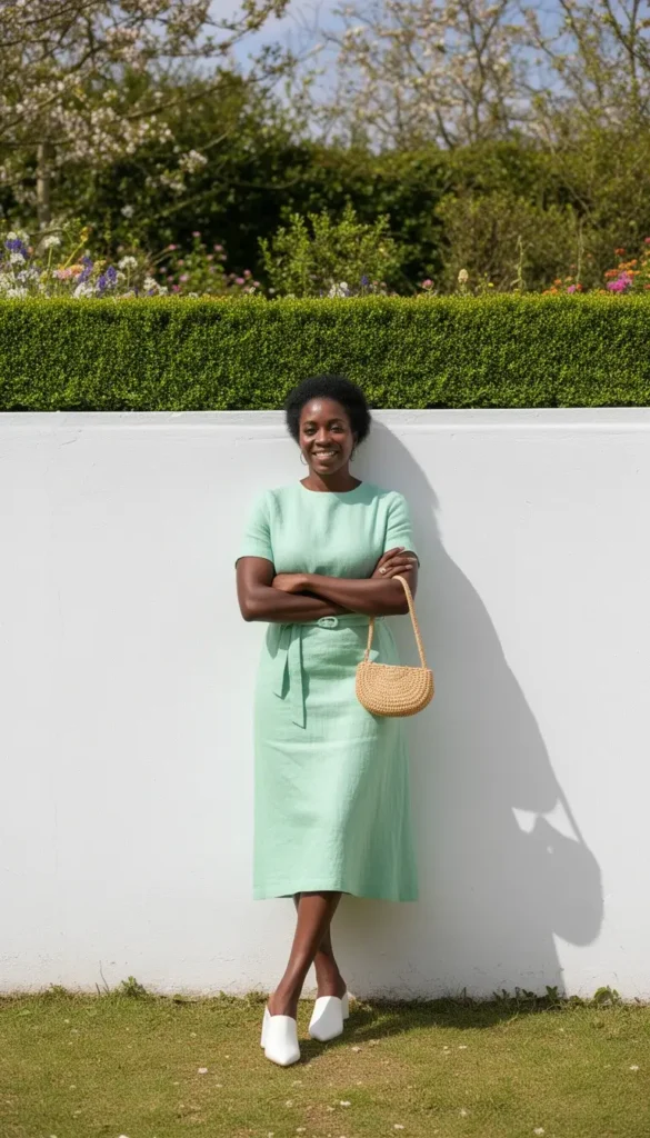 A woman in a mint green belted linen midi dress leaning against a white garden wall at a spring wedding venue, with a straw bag and white block-heel mules.