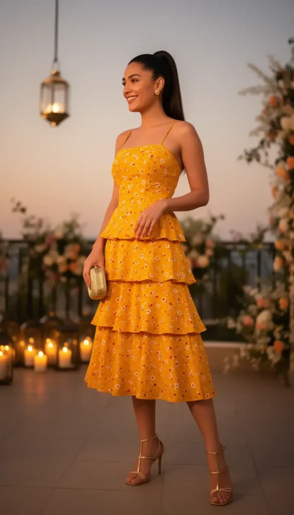Petite woman in a saffron yellow tiered ruffle midi dress with gold heels and ponytail at a lantern-lit outdoor terrace.