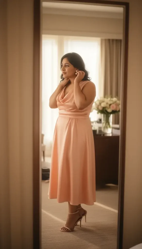 A woman in a soft peach cowl-neck satin midi dress adjusting her pearl earring in a hotel mirror before a spring wedding.