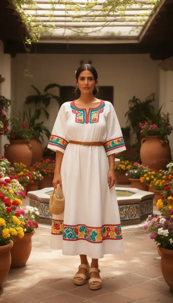 Woman in a white Puebla embroidered dress with colorful chain-stitch detail, belted at the waist in a terracotta courtyard.
