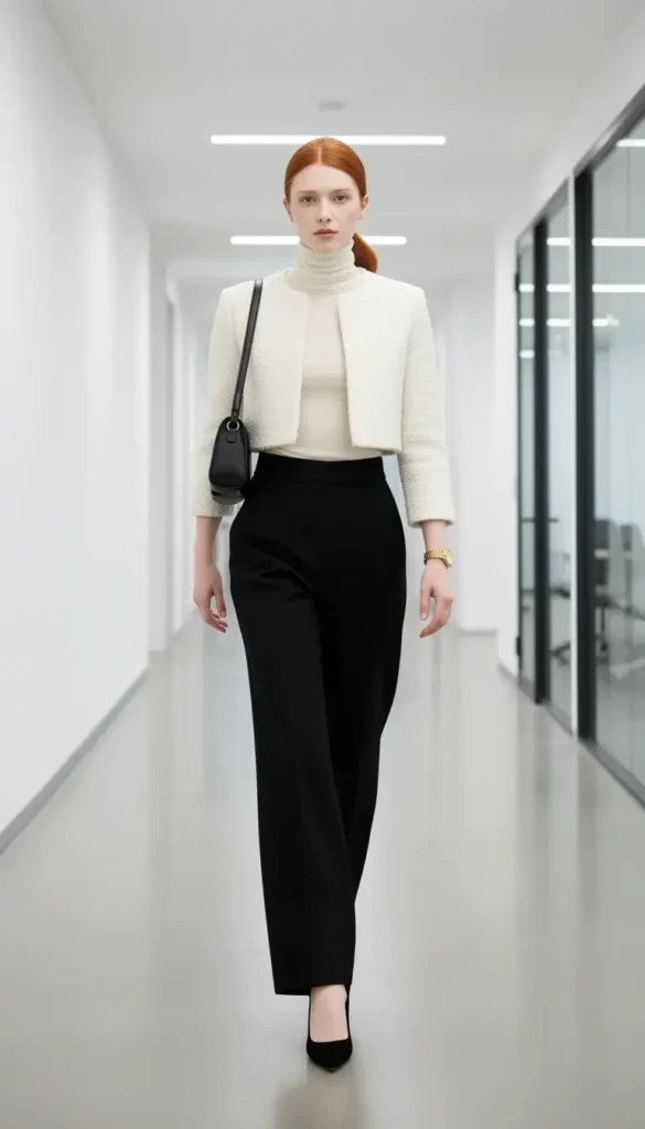 Auburn-haired woman in a cropped ivory bouclé jacket, cream turtleneck, and wide-leg black trousers with kitten heels in a modern office hallway.