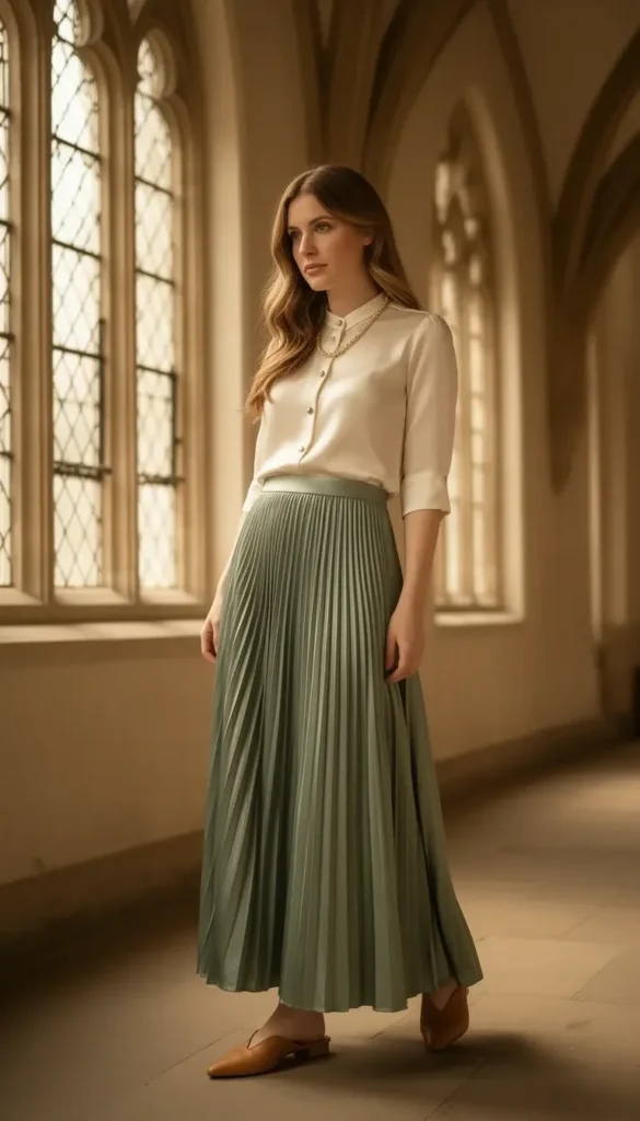 A woman in a sage green pleated maxi skirt with a cream fitted blouse tucked in, wearing kitten mules and a delicate necklace, photographed in soft indoor light near church windows.