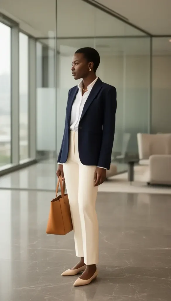 Slim Black woman wearing a navy blazer and cream trousers in a modern office lobby