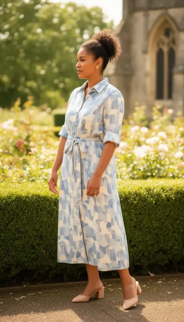 A woman in a soft blue abstract print midi shirt dress with a fabric belt, wearing block-heeled mules, photographed in a sunlit church garden.