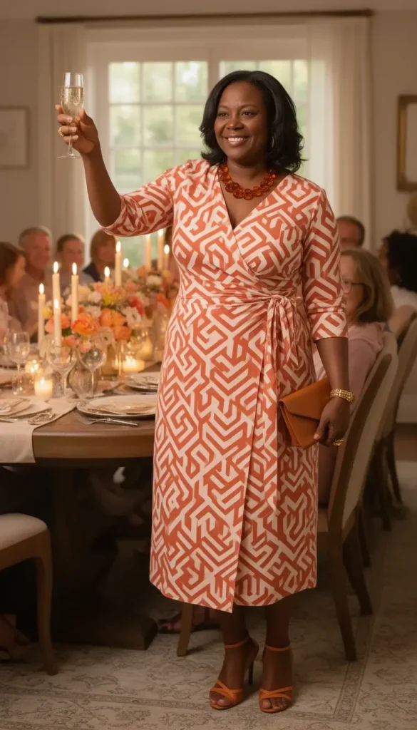 A Black woman in a terracotta and ivory geometric print wrap dress raising a toast at the head of a family Mother's Day dinner table.