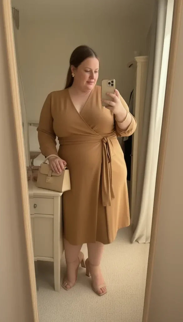 Curvy white woman in a camel midi wrap dress photographed in a full-length mirror selfie