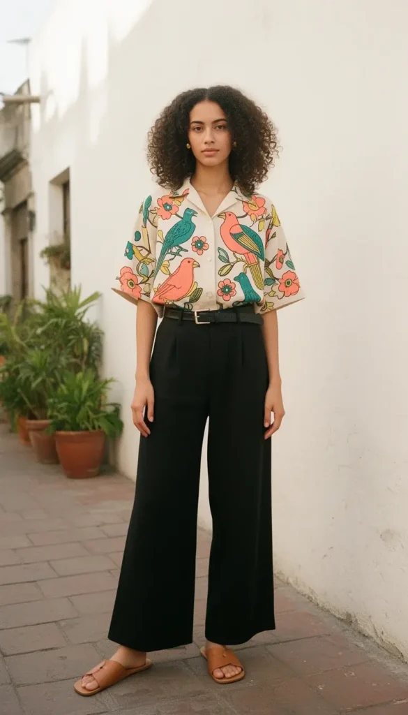Woman wearing a cream blouse printed with Amate bark art motifs in teal and coral, paired with wide-leg black trousers.