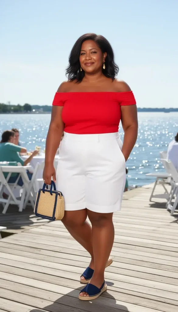 Full-figured woman in a red off-shoulder top and white Bermuda shorts with navy espadrille sandals at a waterfront summer party.