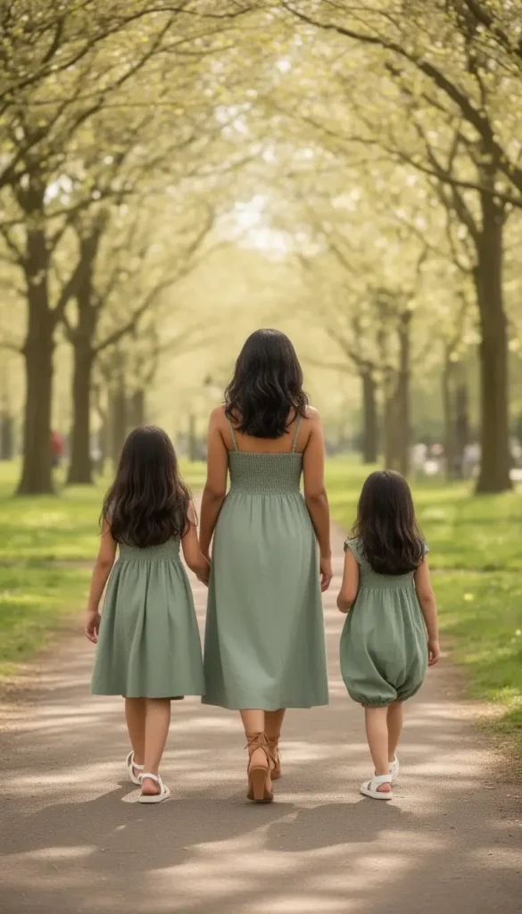 A mother and two daughters all dressed in matching sage green smocked sundresses walking through a sunlit park together, viewed from behind.